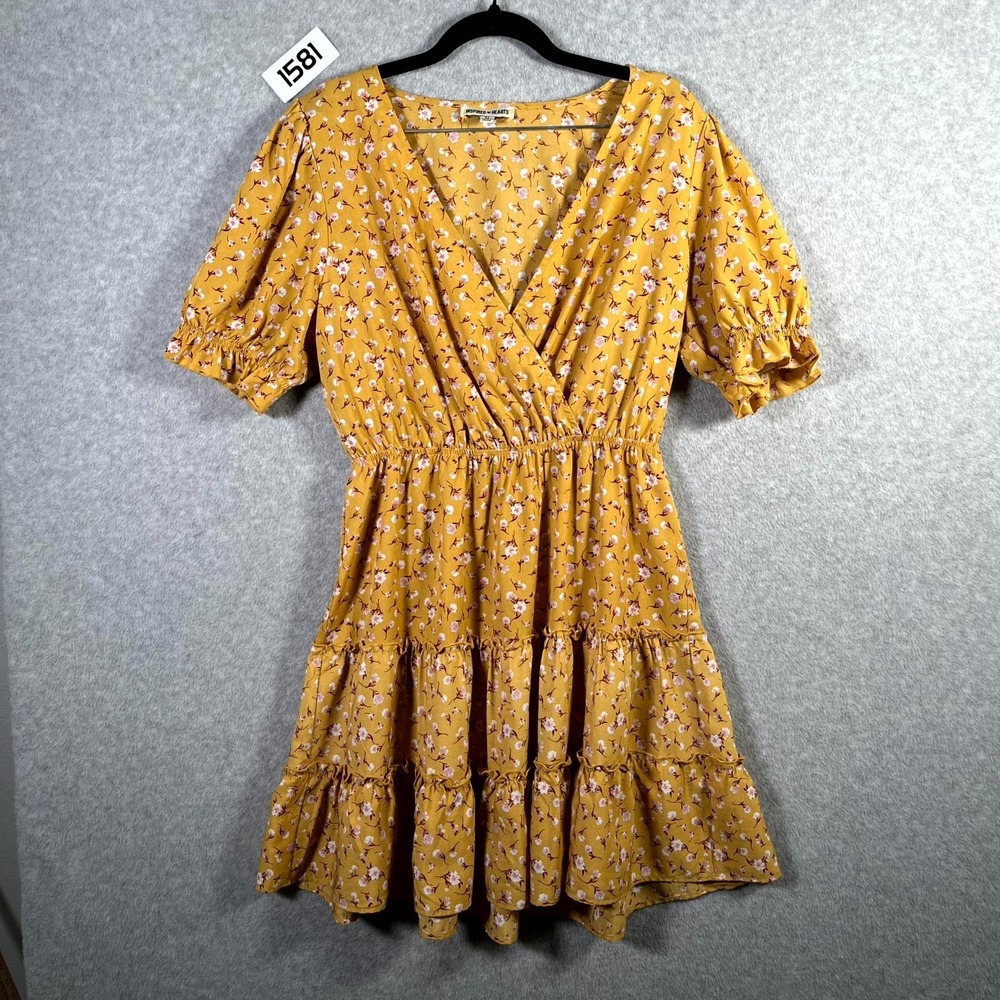 Inspired Hearts Mini Dress Womens XL Yellow Floral Surplice Neck Ruffle Tiered